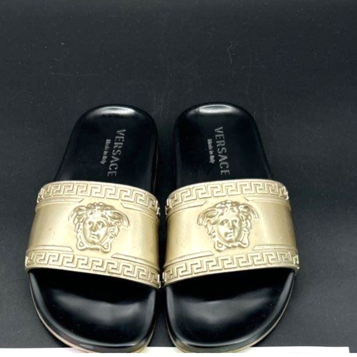 Black And Gold Versace Luxe Authentic La Medusa Rubber Sliders -See Details